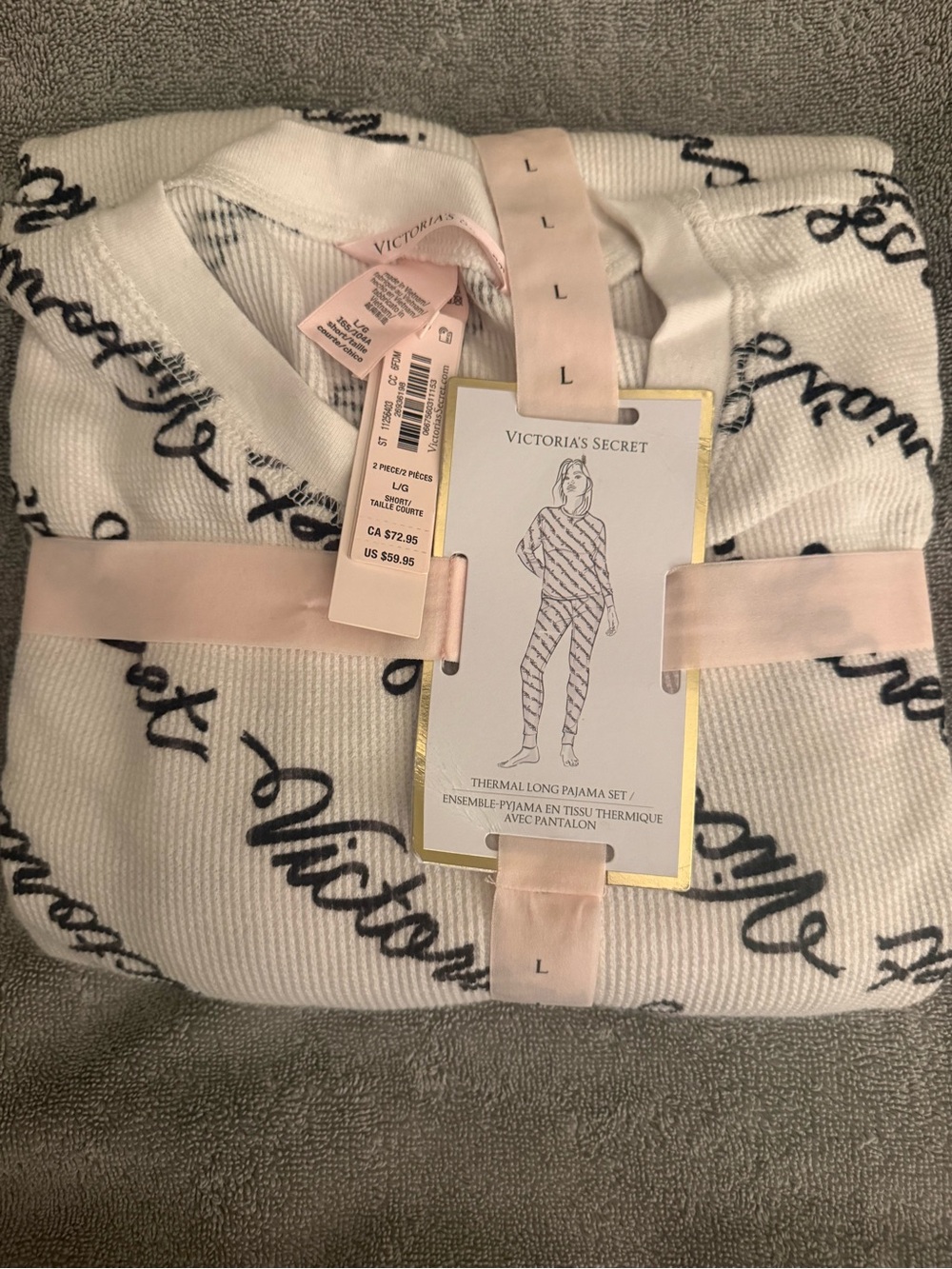Victoria's Secret White Thermal Pajama Set with Black Script